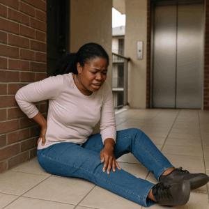 Personal injury attorney Atlanta, A Black woman sitting on the floor of an apartment corridor, holding her lower back in pain after a slip and fall accident near an elevator, symbolizing unsafe apartment conditions.